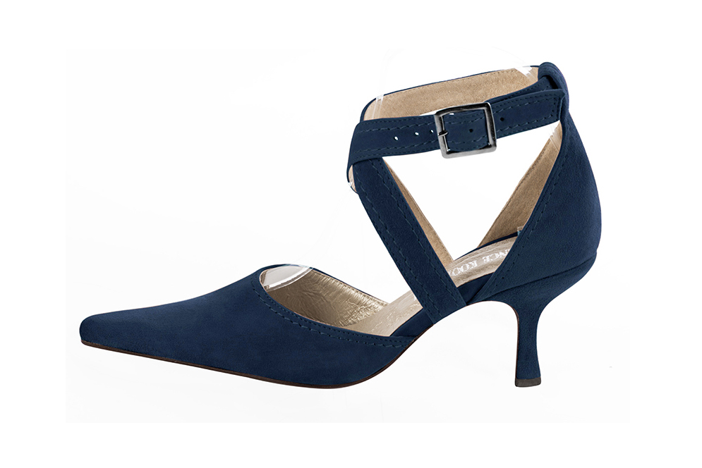 Women's navy blue open side dress shoes, with crossed straps. Pointed toe. High spool heels - Profile view